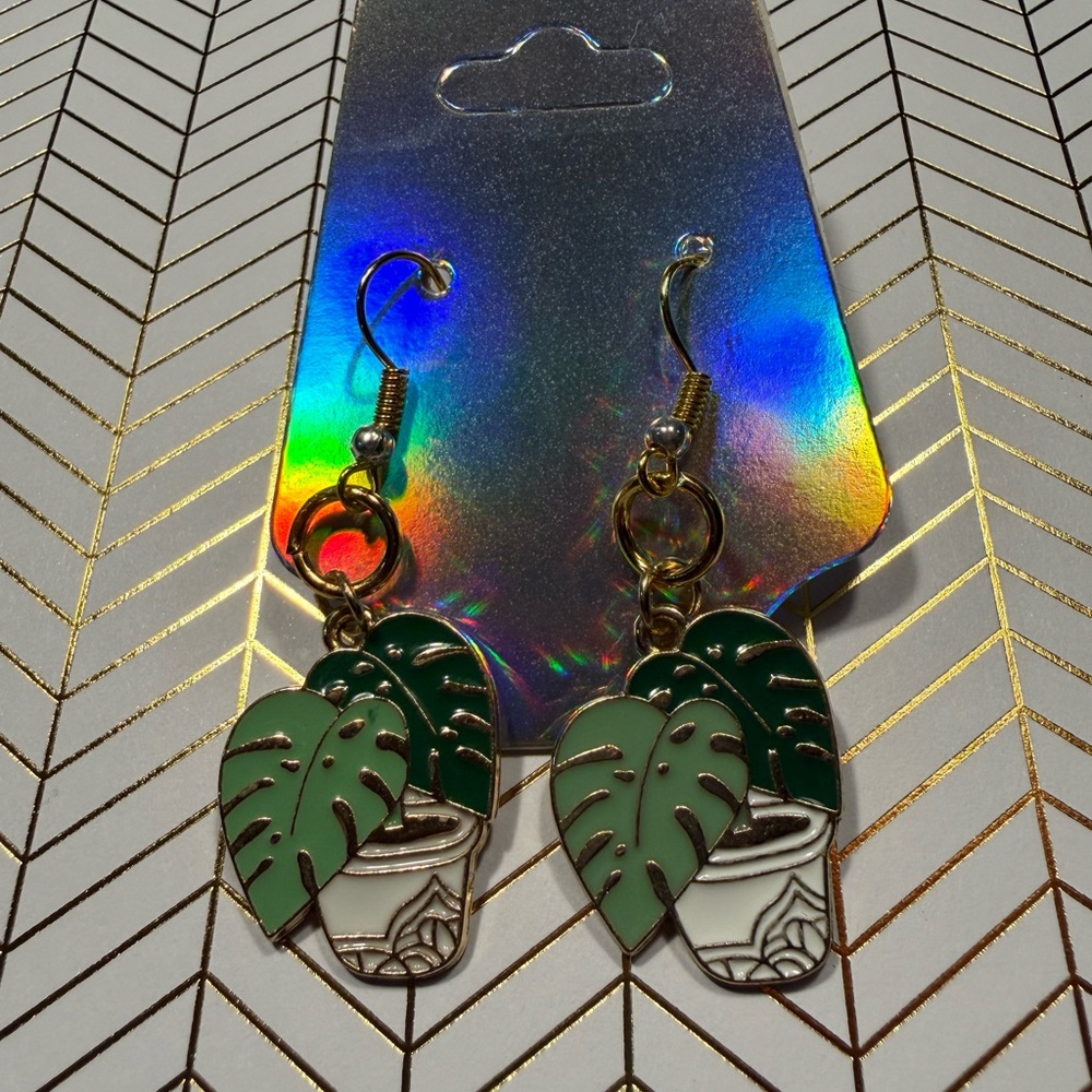 Handmade Monstera Plant Earrings Gold Tone Nickel Free Dangle